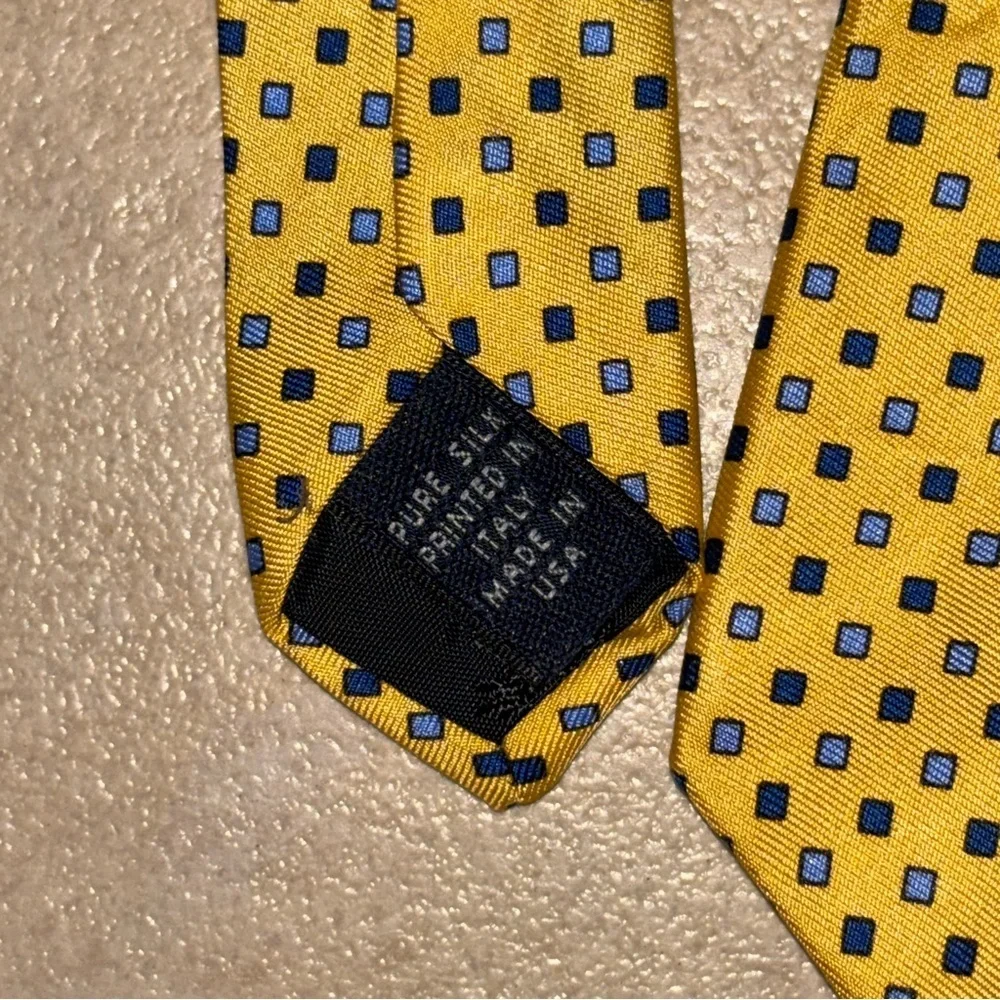 Vintage Brooks Brothers Makers Yellow Silk Tie with Blue Geometric Square